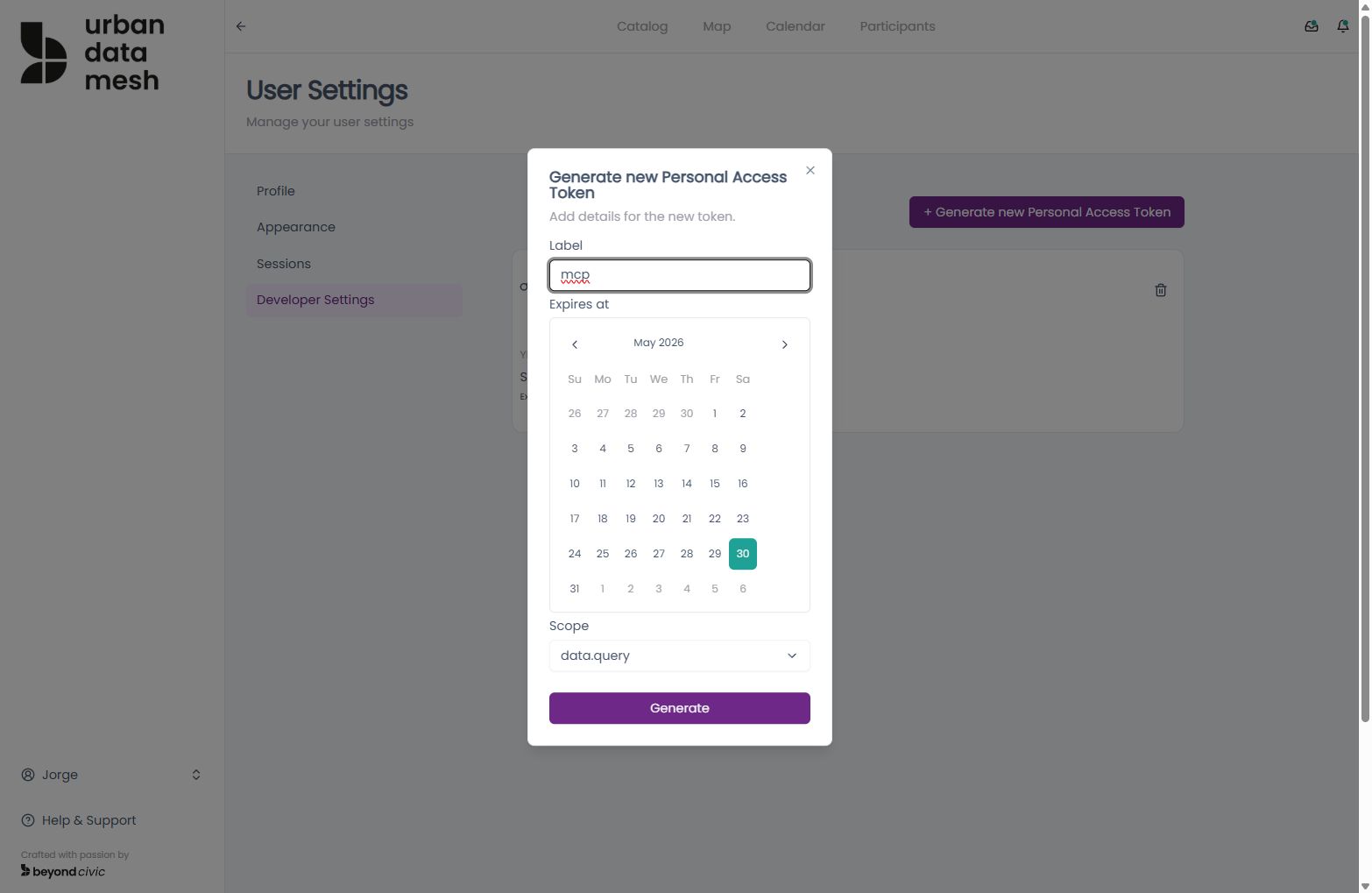 Create new developer key / personal access token