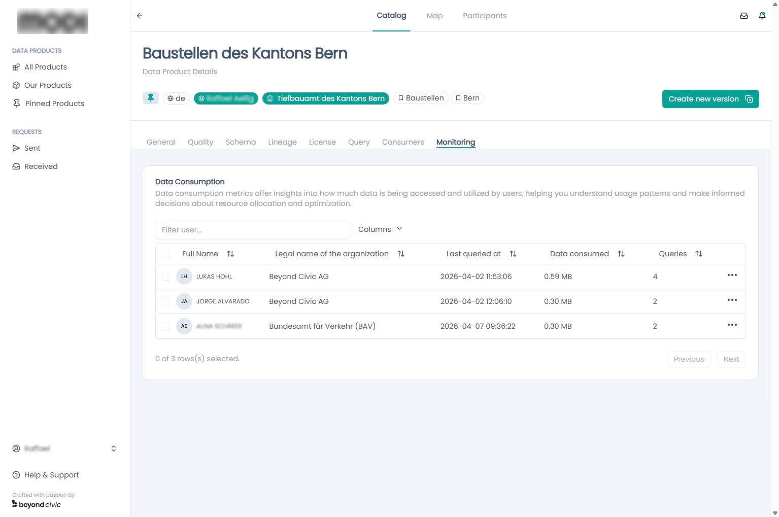 Data consumption metrics view