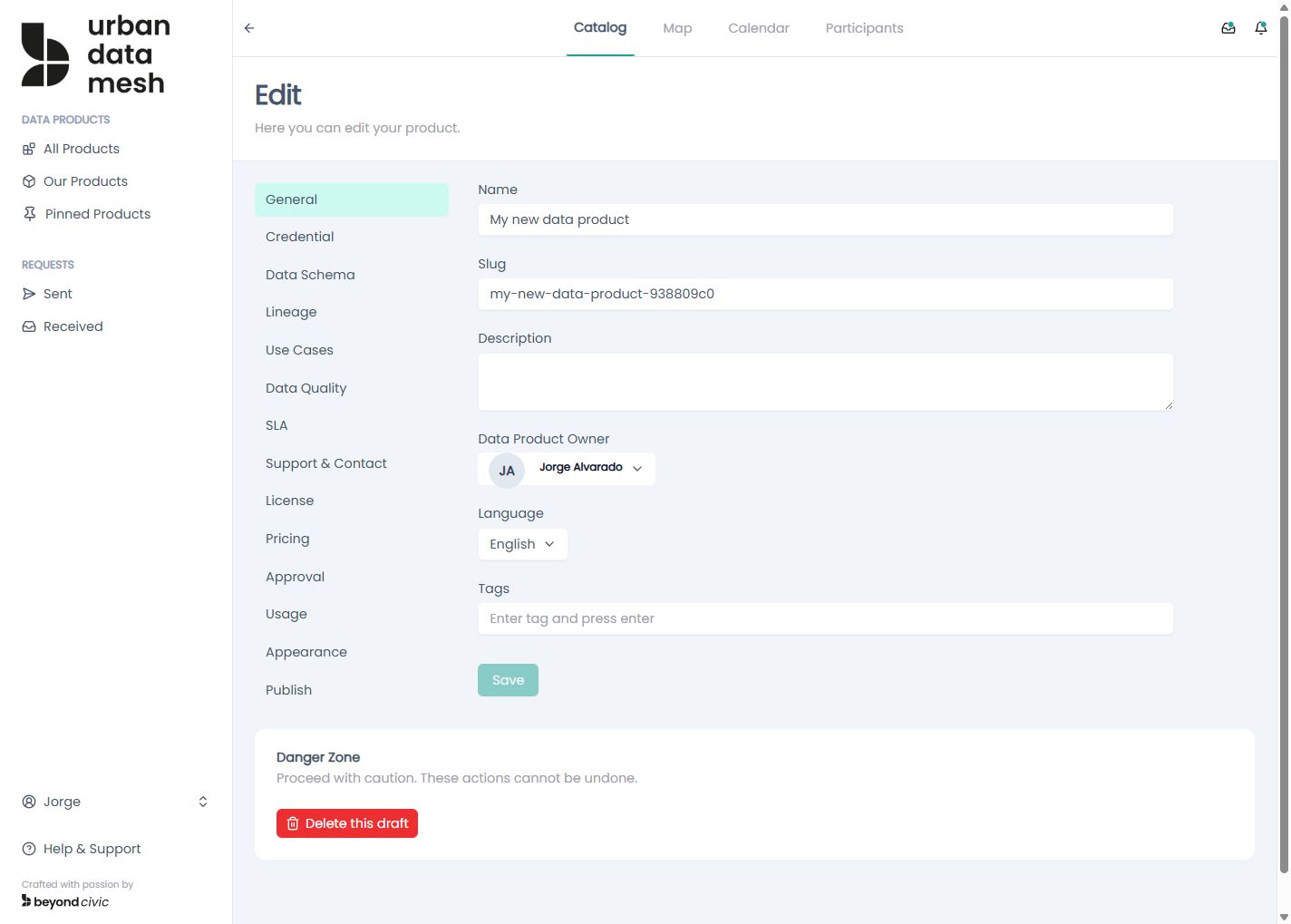 Data product editing interface