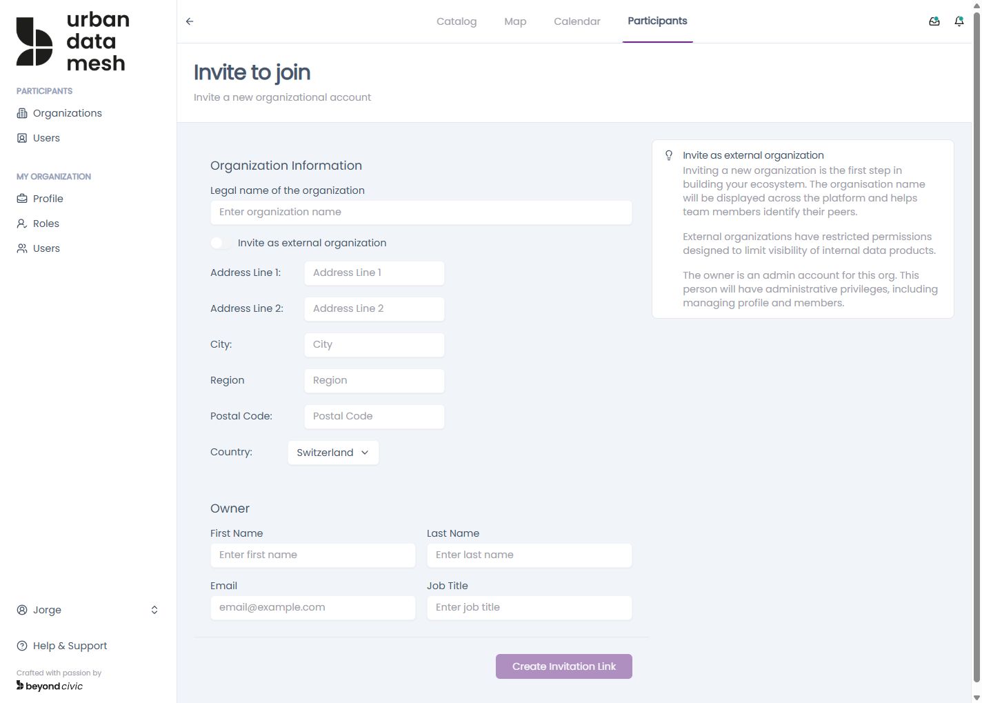 Invite organisation dialog