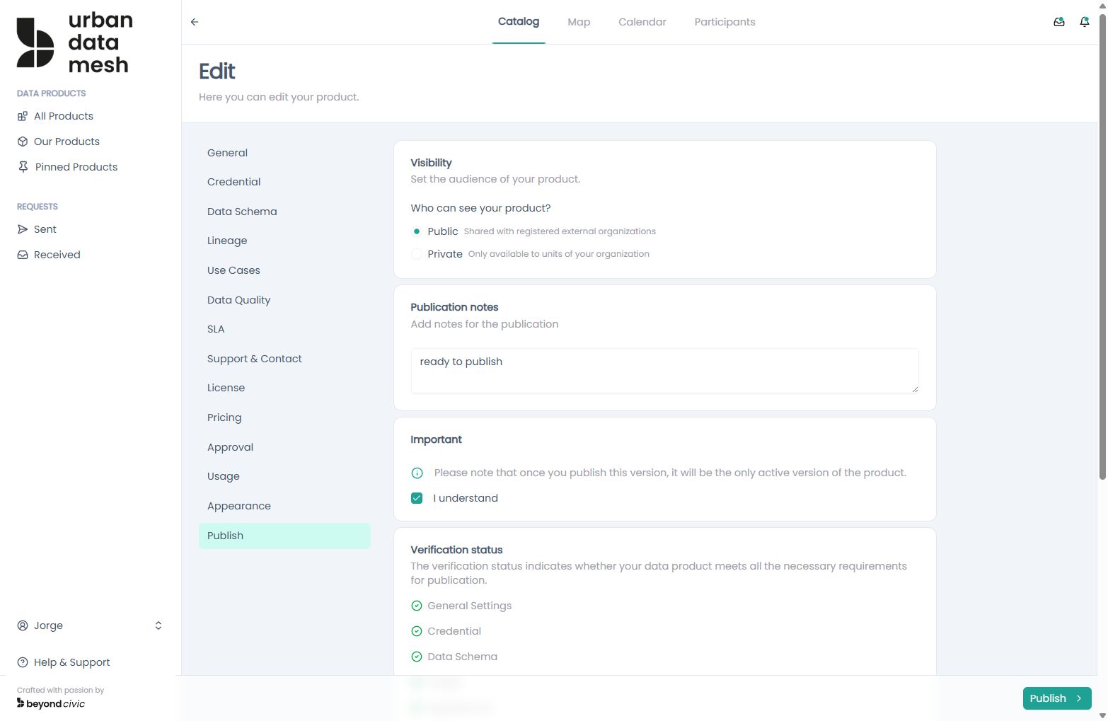 Publish data product dialog