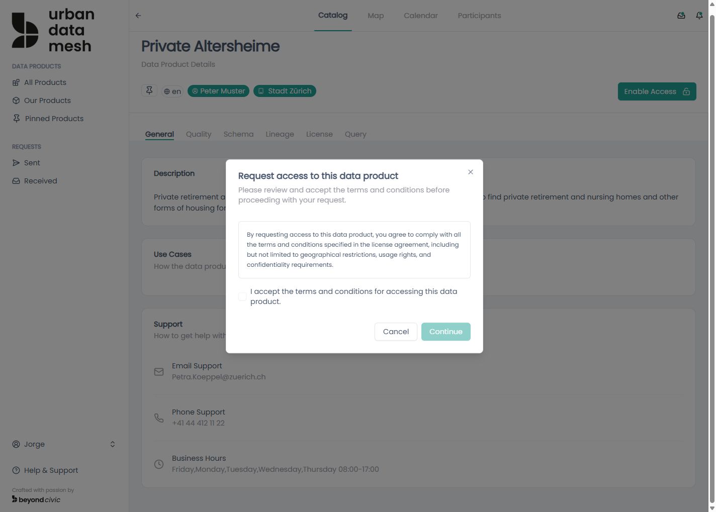Request access to data product dialog